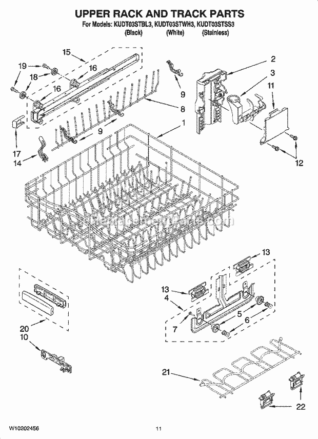 KitchenAid KUDT03STBL3 Dishwasher Upper Rack and Track Parts Diagram