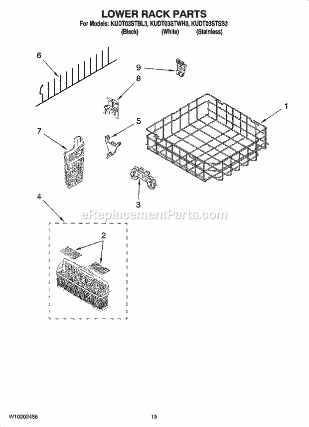 KitchenAid KUDT03STBL3 Dishwasher Lower Rack Parts Diagram