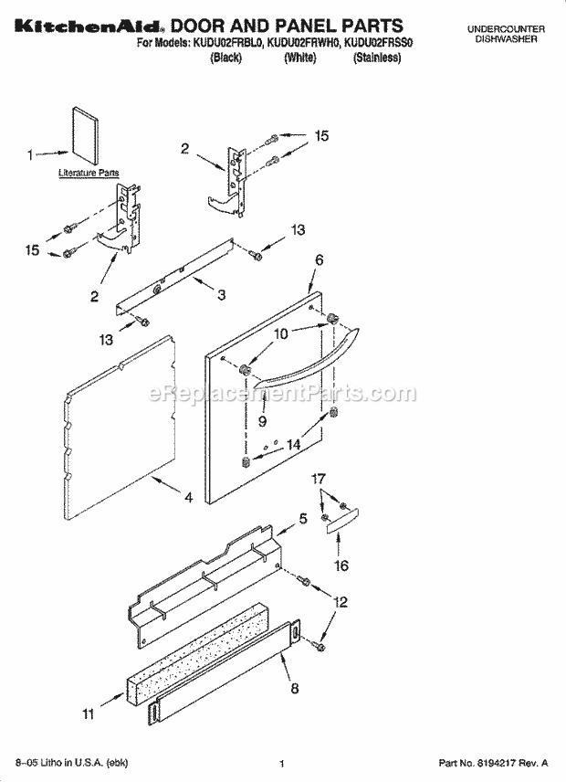 KitchenAid KUDU02FRWH0 Dishwasher Door and Panel Parts Diagram