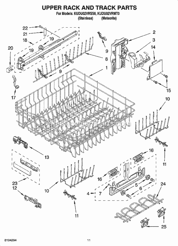 KitchenAid KUDU02VRSS0 Dishwasher Upper Rack and Track Parts Diagram