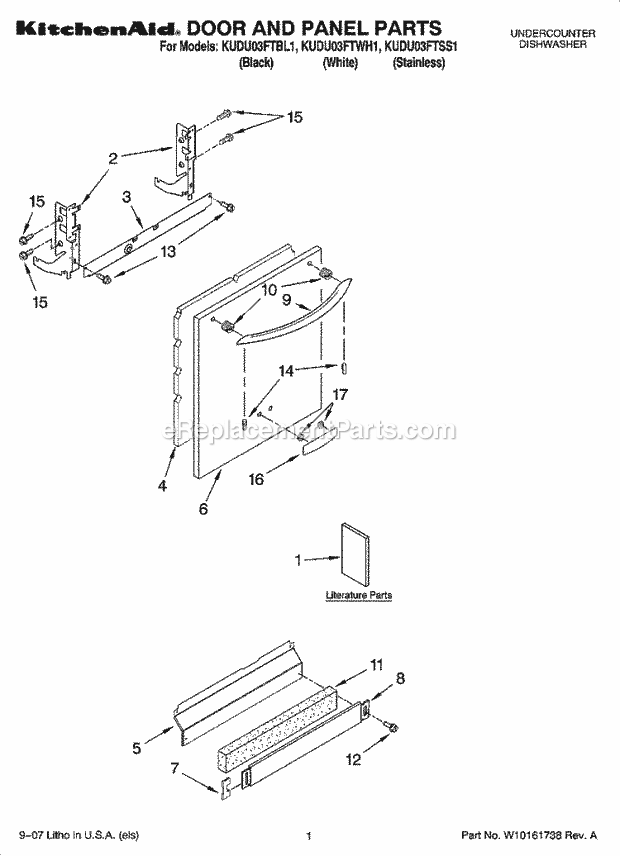 KitchenAid KUDU03FTBL1 Dishwasher Door and Panel Parts Diagram