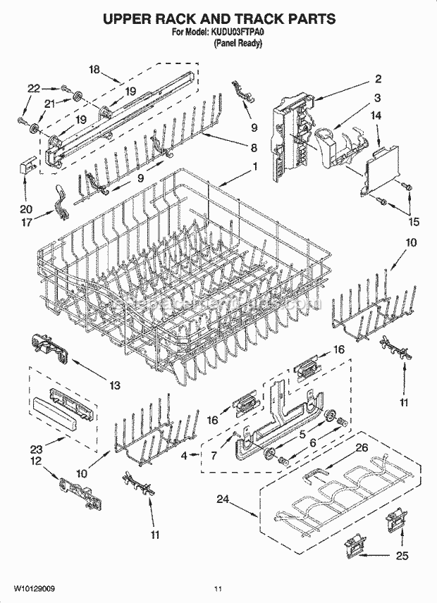 KitchenAid KUDU03FTPA0 Dishwasher Upper Rack and Track Parts Diagram