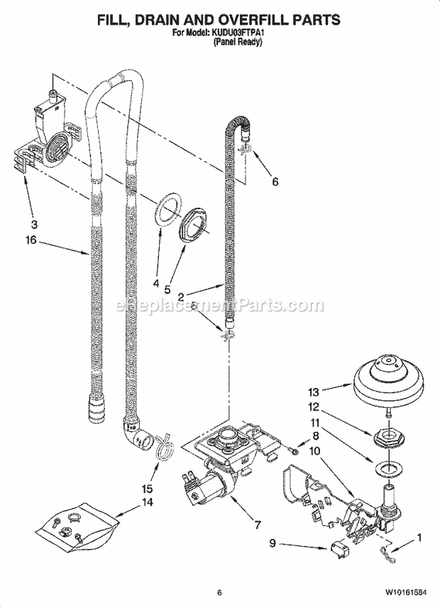 KitchenAid KUDU03FTPA1 Dishwasher Fill, Drain and Overfill Parts Diagram