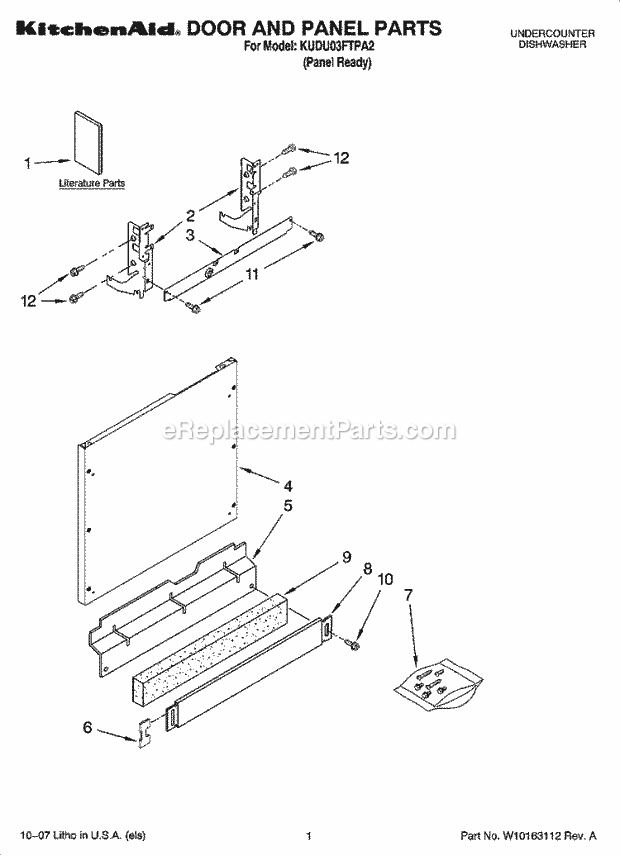 KitchenAid KUDU03FTPA2 Dishwasher Door and Panel Parts Diagram