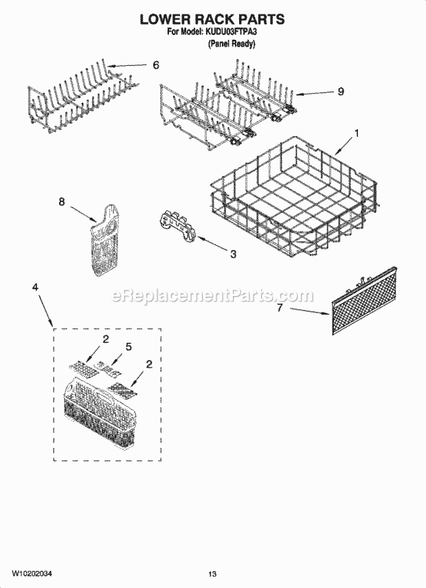 KitchenAid KUDU03FTPA3 Dishwasher Lower Rack Parts Diagram