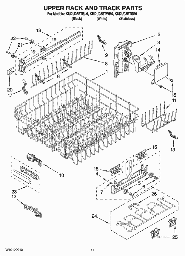 KitchenAid KUDU03STBL0 Dishwasher Upper Rack and Track Parts Diagram