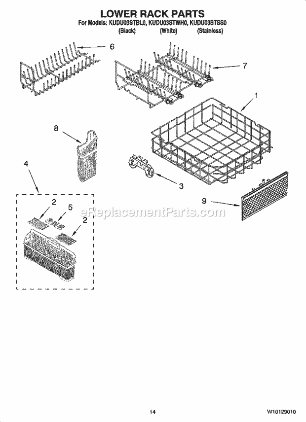 KitchenAid KUDU03STSS0 Dishwasher Lower Rack Parts Diagram