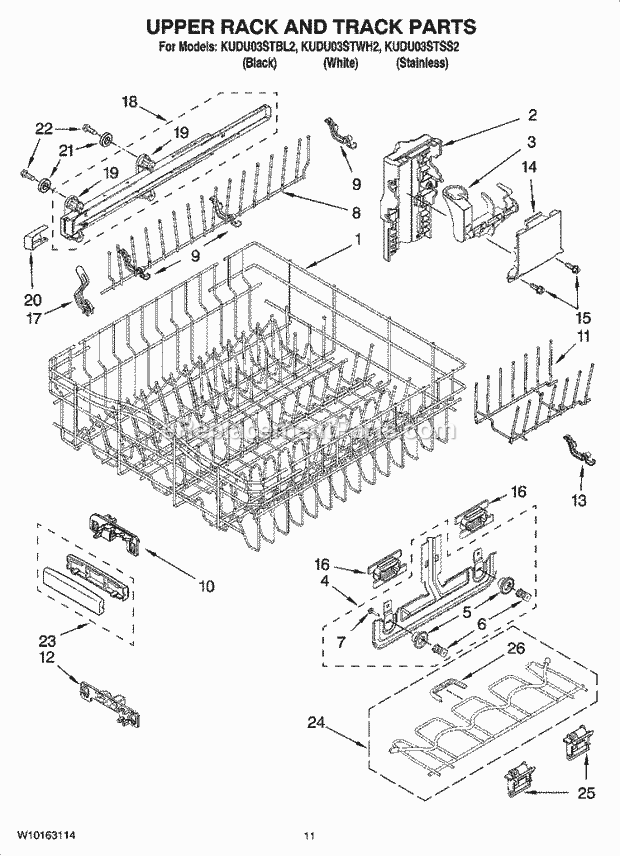 KitchenAid KUDU03STSS2 Dishwasher Upper Rack and Track Parts Diagram