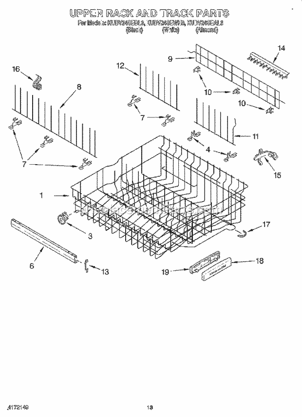 KitchenAid KUDV24SEAL3 Dishwasher Upper Rack and Track Diagram