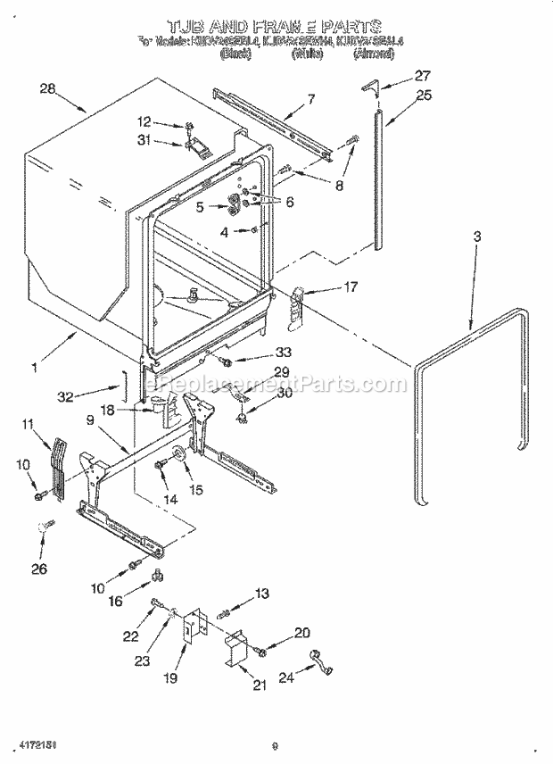 KitchenAid KUDV24SEBL4 Dishwasher Tub and Frame Diagram