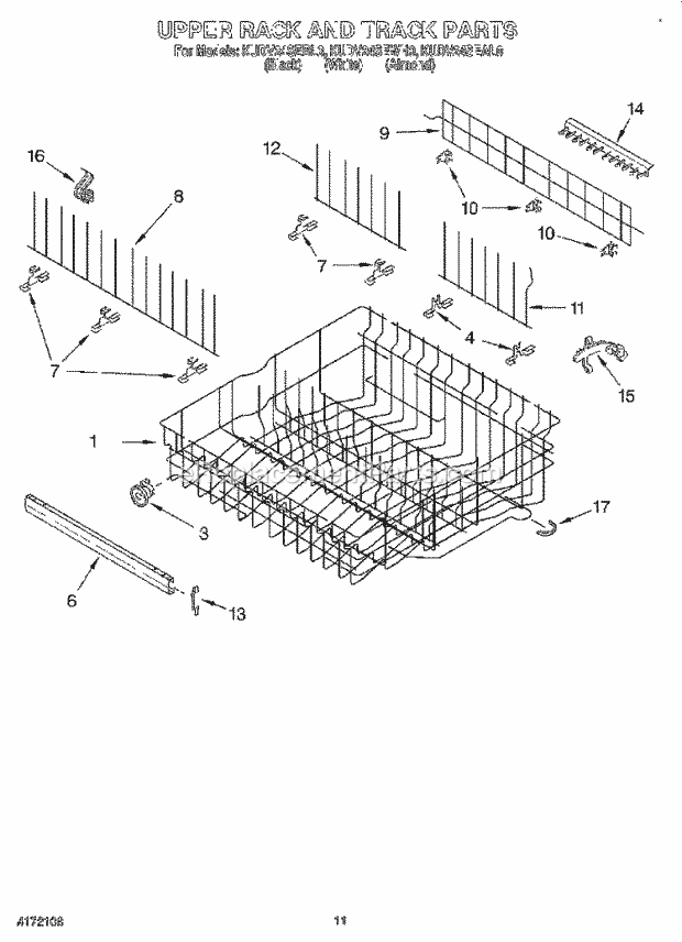 KitchenAid KUDV24SEWH0 Dishwasher Upper Rack and Track Diagram