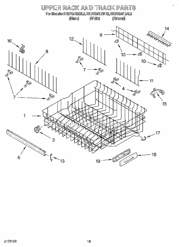 KitchenAid KUDV24SEWH2 Dishwasher Upper Rack and Track Diagram