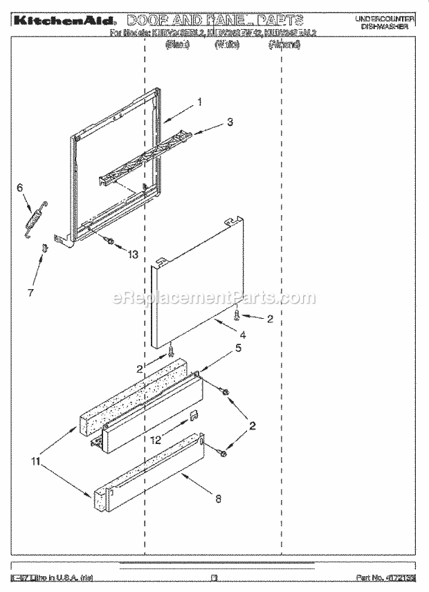 KitchenAid KUDV24SEWH2 Dishwasher Door and Panel Diagram