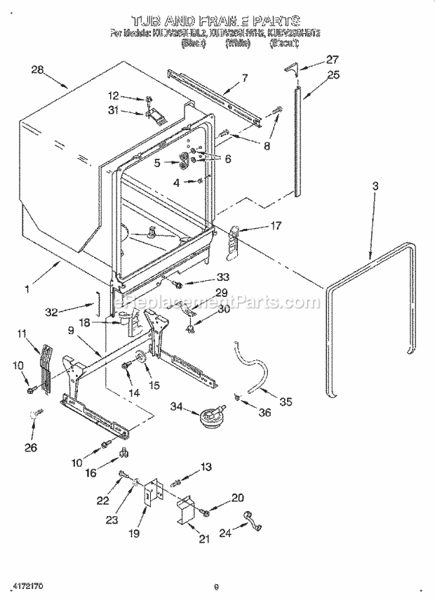 KitchenAid KUDV25SHWH2 Dishwasher Tub and Frame Diagram