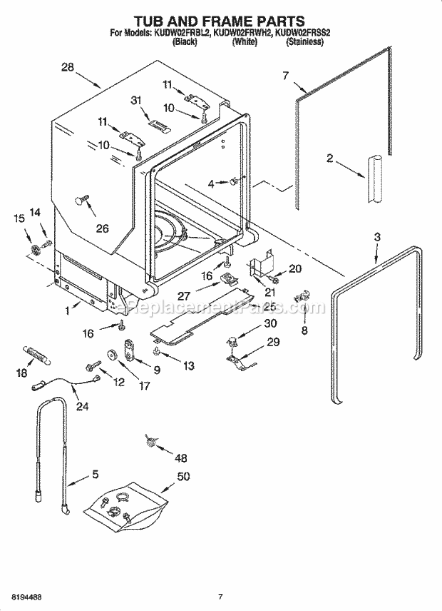 KitchenAid KUDW02FRSS2 Dishwasher Tub and Frame Parts Diagram