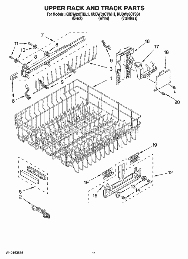 KitchenAid KUDW03CTBL1 Dishwasher Upper Rack and Track Parts Diagram