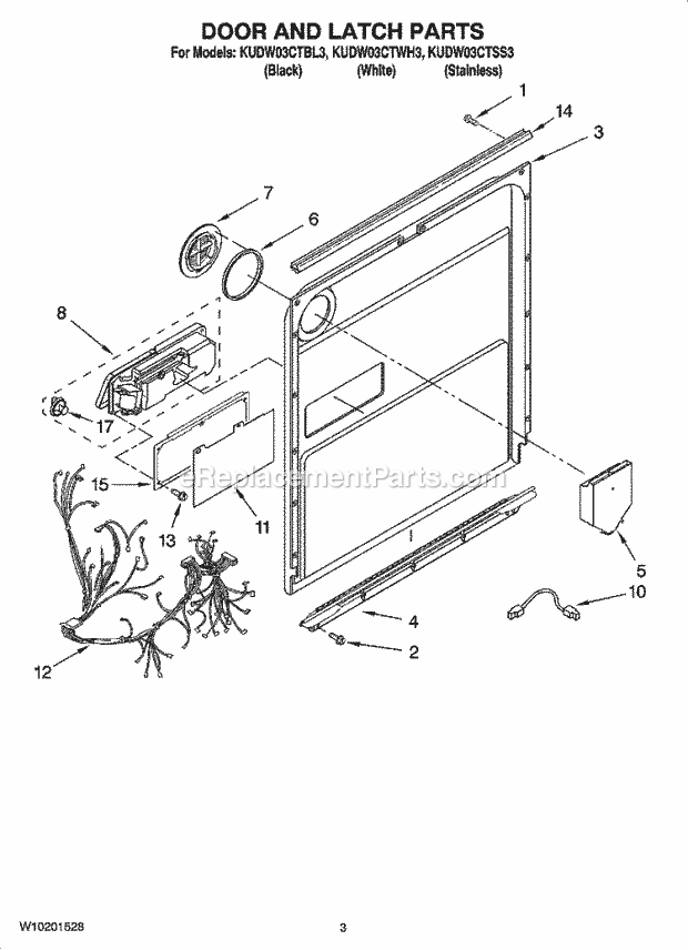 KitchenAid KUDW03CTWH3 Dishwasher Door and Latch Parts Diagram