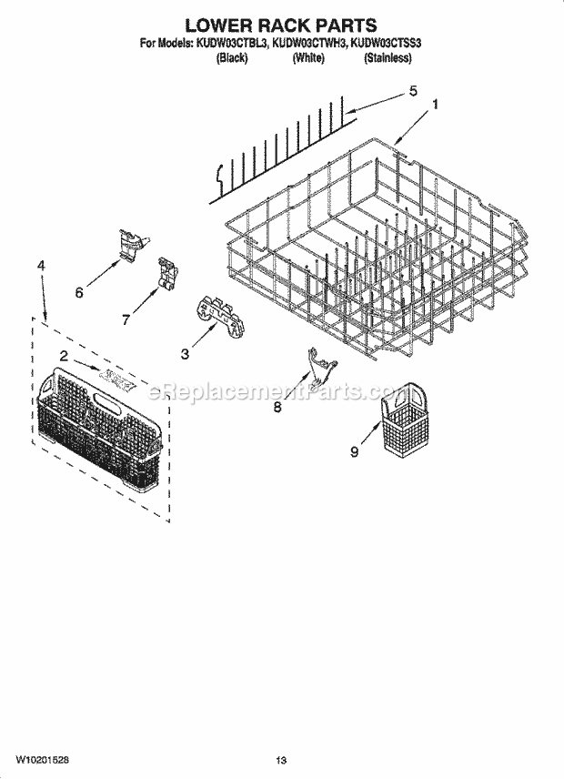 KitchenAid KUDW03CTWH3 Dishwasher Lower Rack Parts Diagram