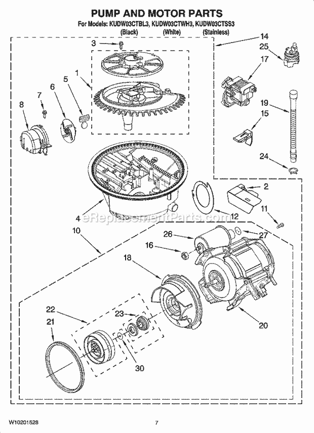 KitchenAid KUDW03CTWH3 Dishwasher Pump and Motor Parts Diagram