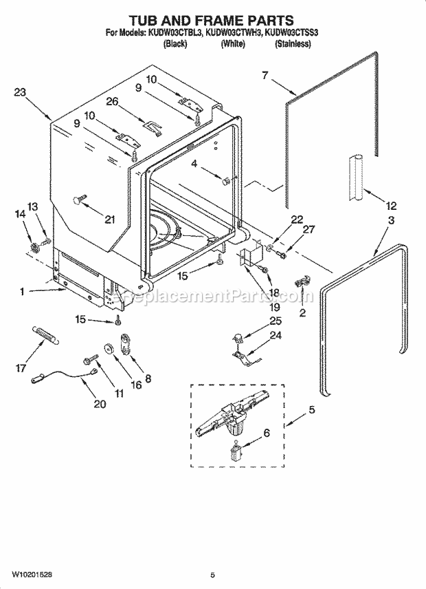 KitchenAid KUDW03CTWH3 Dishwasher Tub and Frame Parts Diagram