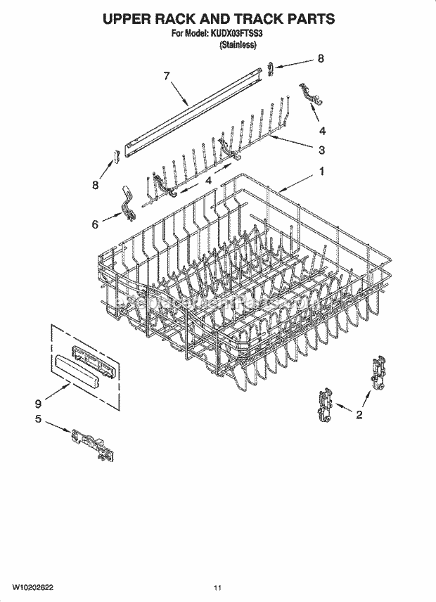 KitchenAid KUDX03FTSS3 Dishwasher Upper Rack and Track Parts Diagram