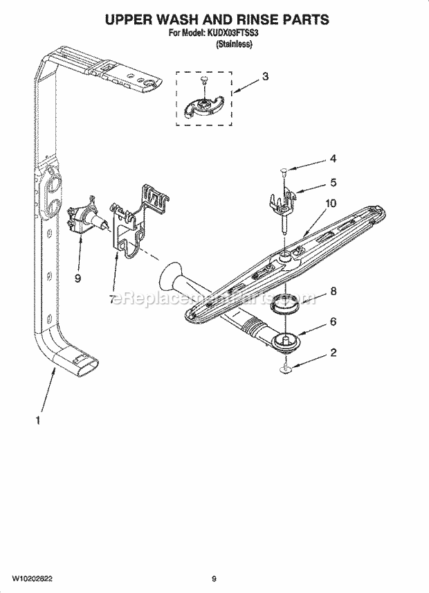 KitchenAid KUDX03FTSS3 Dishwasher Upper Wash and Rinse Parts Diagram