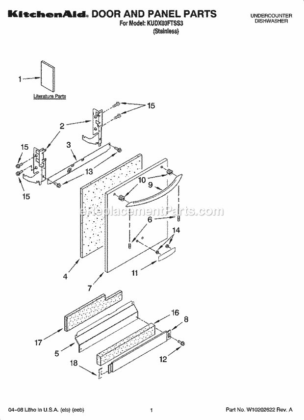 KitchenAid KUDX03FTSS3 Dishwasher Door and Panel Parts Diagram