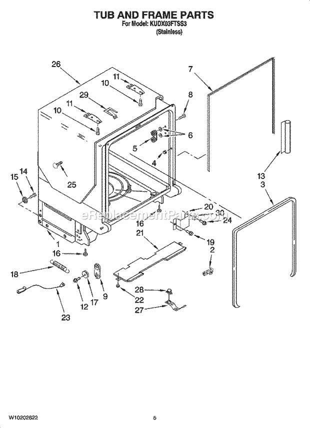 KitchenAid KUDX03FTSS3 Dishwasher Tub and Frame Parts Diagram