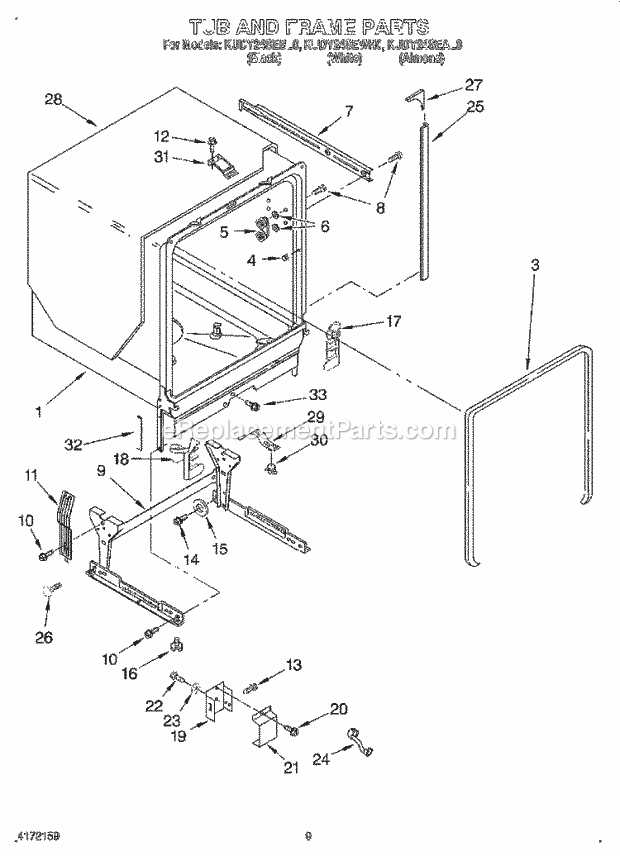 KitchenAid KUDY24SEAL0 Dishwasher Tub and Frame Diagram