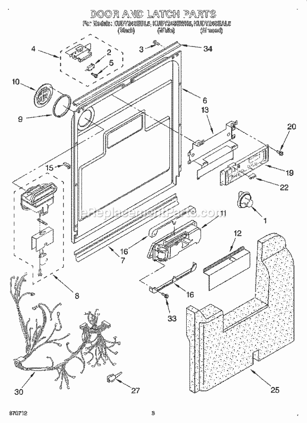 KitchenAid KUDY24SEAL5 Dishwasher Door and Latch Diagram