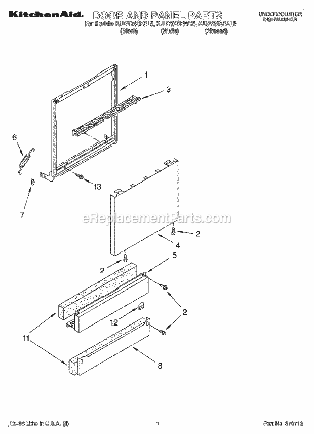 KitchenAid KUDY24SEBL5 Dishwasher Door and Panel Diagram