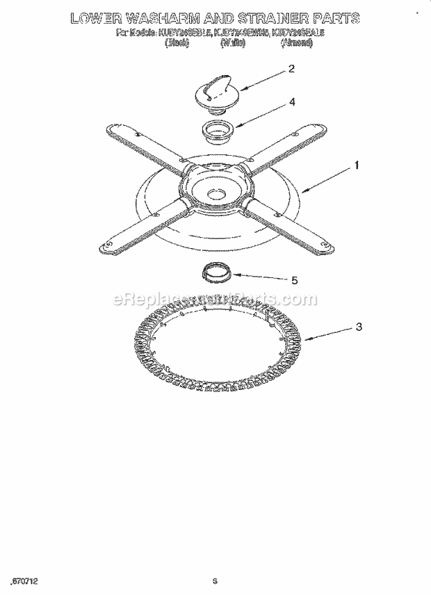 KitchenAid KUDY24SEBL5 Dishwasher Lower Washarm and Strainer Diagram