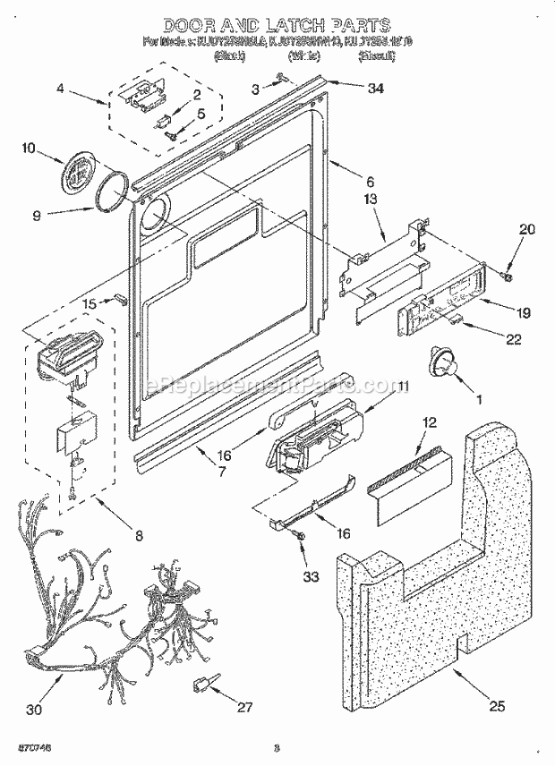 KitchenAid KUDY25SHBL0 Dishwasher Door and Latch Diagram