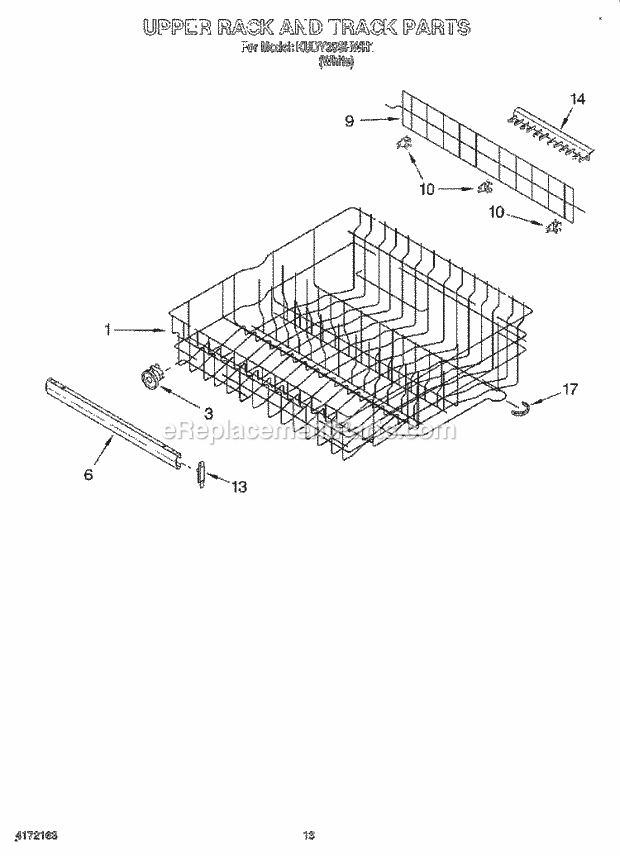 KitchenAid KUDY25SHWH1 Dishwasher Upper Rack and Track Diagram