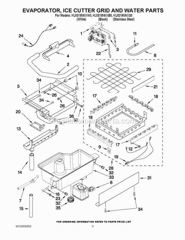 KitchenAid KUIS18NNXW0 Ice Maker Evaporator, Ice Cutter Grid and Water Parts Diagram