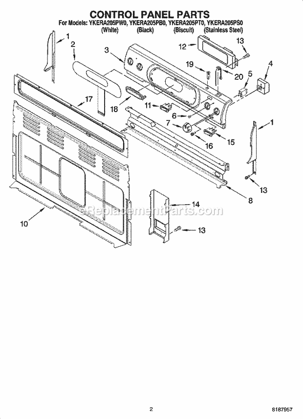 KitchenAid YKERA205PW0 Range Control Panel Parts Diagram