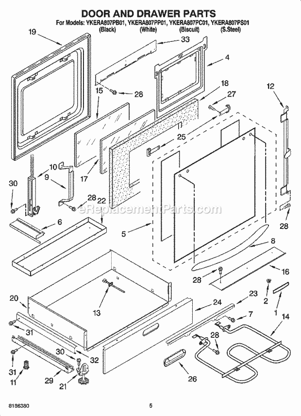 KitchenAid YKERA807PB01 Range Door and Drawer Parts Diagram