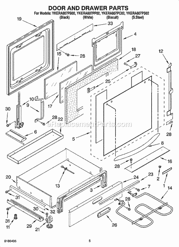 KitchenAid YKERA807PP02 Range Door and Drawer Parts Diagram