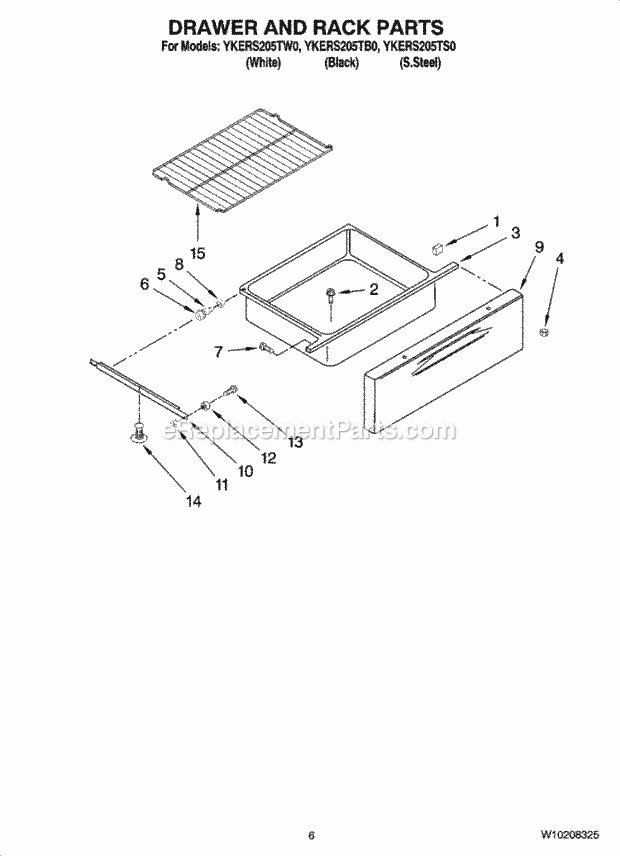 KitchenAid YKERS205TB0 Range Drawer and Rack Parts Diagram