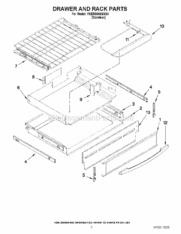 KitchenAid YKERS306BSS0 Range Drawer and Rack Parts Diagram