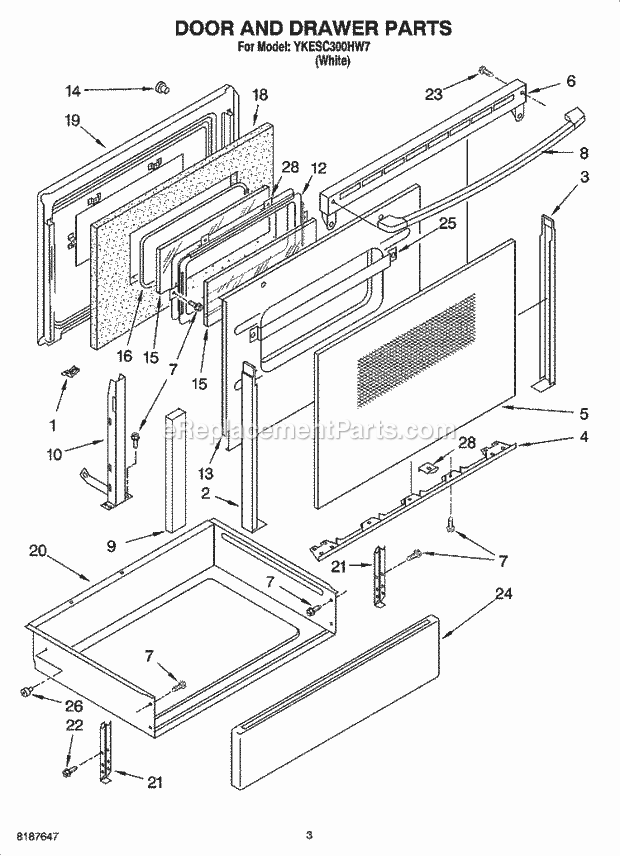 KitchenAid YKESC300HW7 Range Door and Drawer Parts Diagram