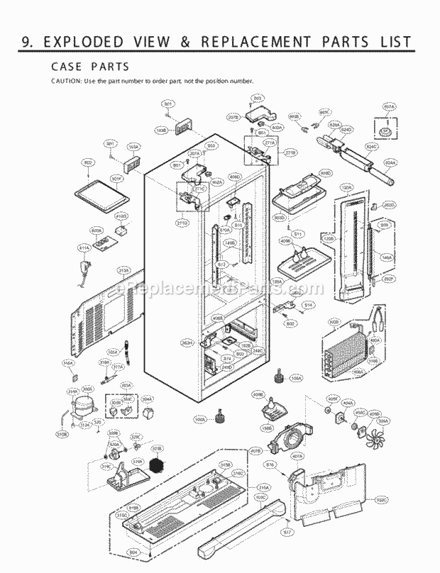 LG LFX25961SW Bottom Freezer Refrigerator Exploded View & Replacement Parts List Case Parts Diagram