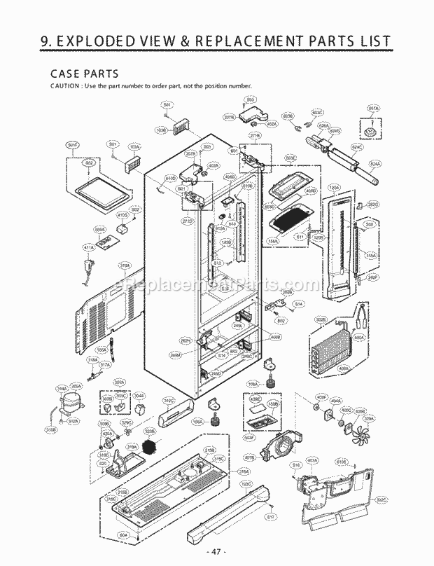 LG LMX25981ST (GR-L25AUSJH) Bottom Freezer Bottom-Mount Refrigerator Exploded View & Replacement Parts List Case Parts Diagram