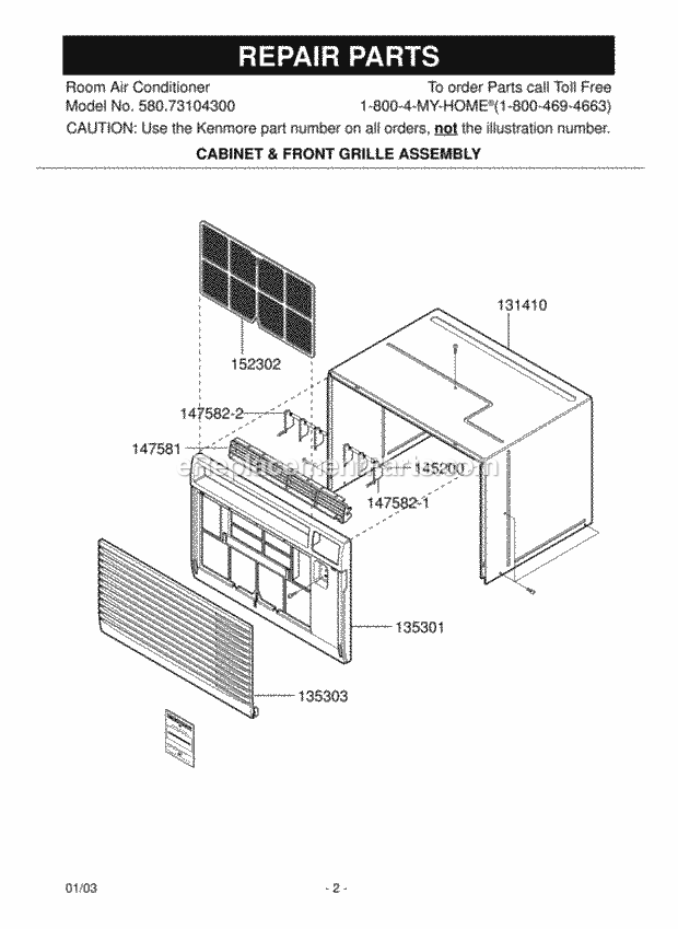 LG LT1030C Room A/C Room Air Conditioner Cabinet & Front Grille Diagram