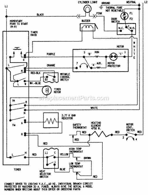 Magic Chef YE208KW Residential Laundry Wiring Information Diagram