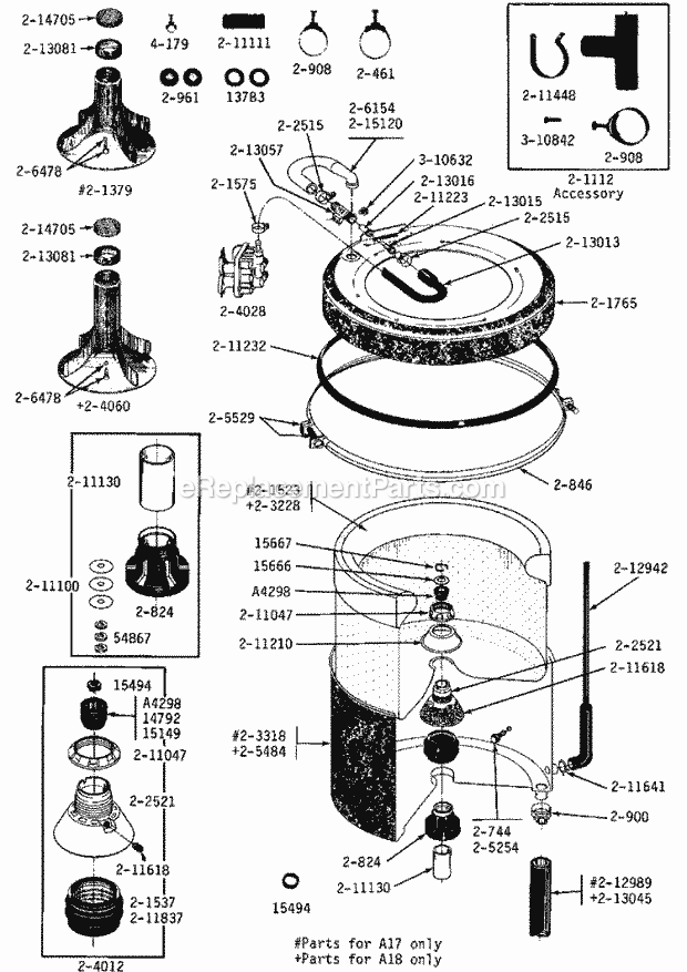 Maytag A17CA Manual, (Washer) Tub, Agitator, Mtg. Stem, Hoses & Clamps Diagram