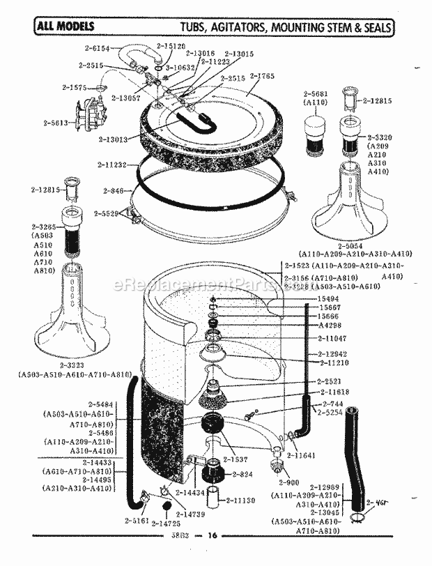 Maytag A181 Washer-Top Loading Tub, Agitator, Mounting Stem & Seal Diagram