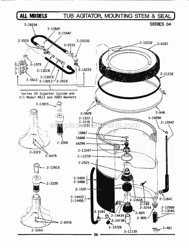 Maytag A212S Residential Maytag Laundry Tub, Agitator, Mtg. Stem & Seal (Ser 04) Diagram