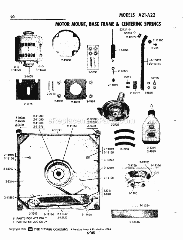 Maytag A22CT Manual, (Washer) Motor Mount, Base Frame & Centering Sprs Diagram