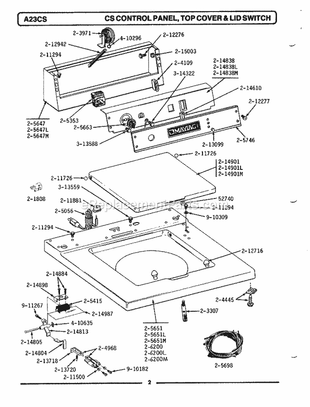 Maytag A23CT Manual, (Washer) Control Panel, Top Cover & Lid Switch Diagram